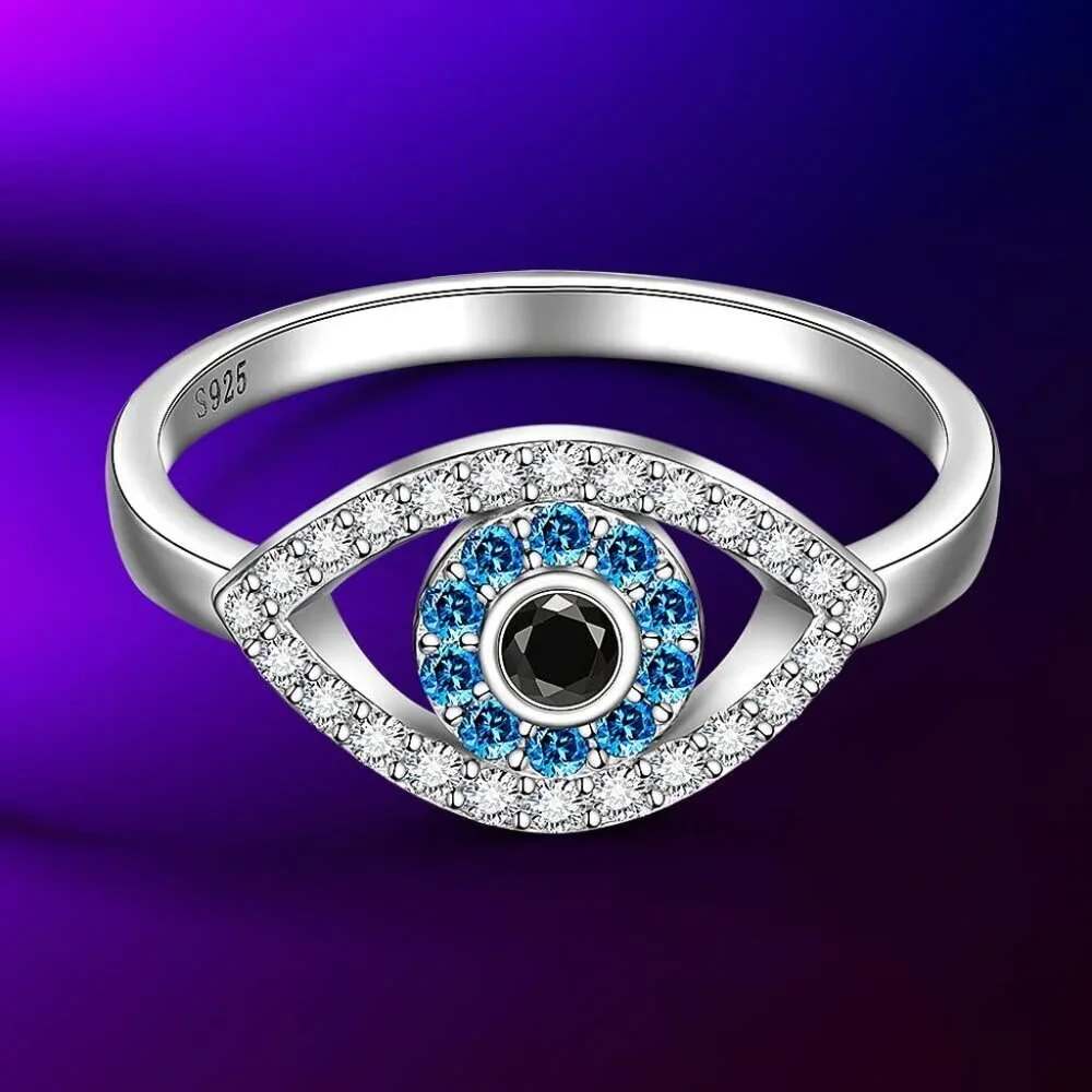 Sterling Silver Evil Eye Ring Women Protective Blue Sapphire Jewelry Size 8 - Picture 3 of 8